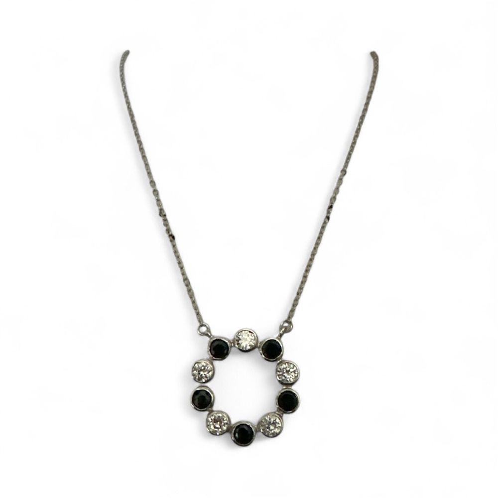 New! Elegant Black and Silver Circle Necklace with Crystals